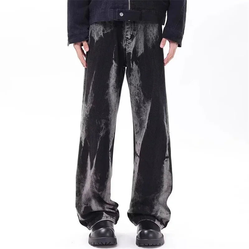 2000s Sleek Dark Black Batik Wide Denim
