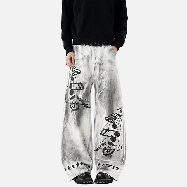 Western Style Faded Music Printting Denim