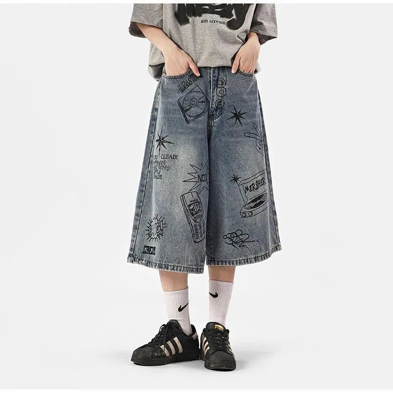 Sleek Metro Graphic Printed Relaxed Wide Leg Denim Shorts