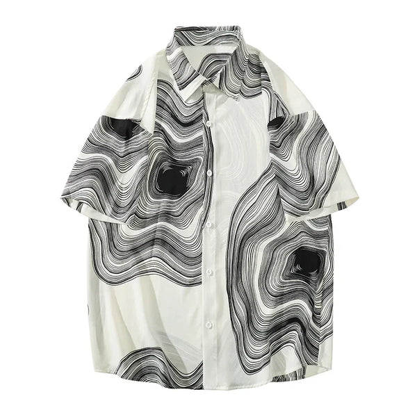 Mens Ice Silk Retro Print Relaxed Top alternatif görünüm