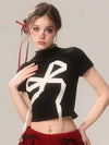 Women Nostalgia Heritage Obsidian Bow Print Midriff T-Shirt