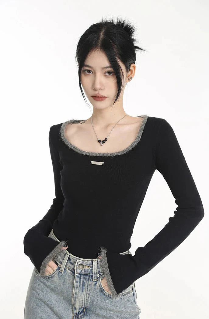 Long Knit Sheath Black Sexy T-Shirt