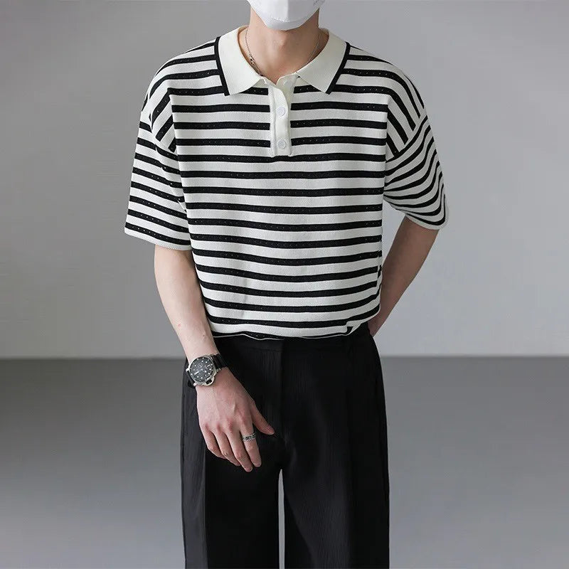 Timeless High-End Multi-Stripe Collar-Knit Button Down T-Shirt