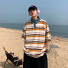 Nihon-Style Style Color Blocked Multi-Stripe Lapel T-Shirt