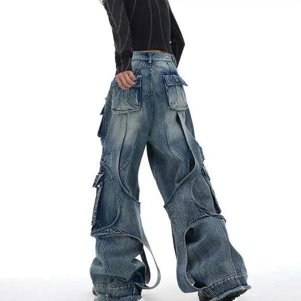 Mosaic Irregular Strap Bell Leg Relaxed Denim alternatif görünüm