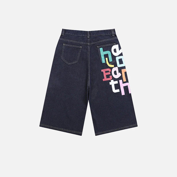 Heritage Letter Print Wide Leg Rinse Denim Shorts alternatif görünüm