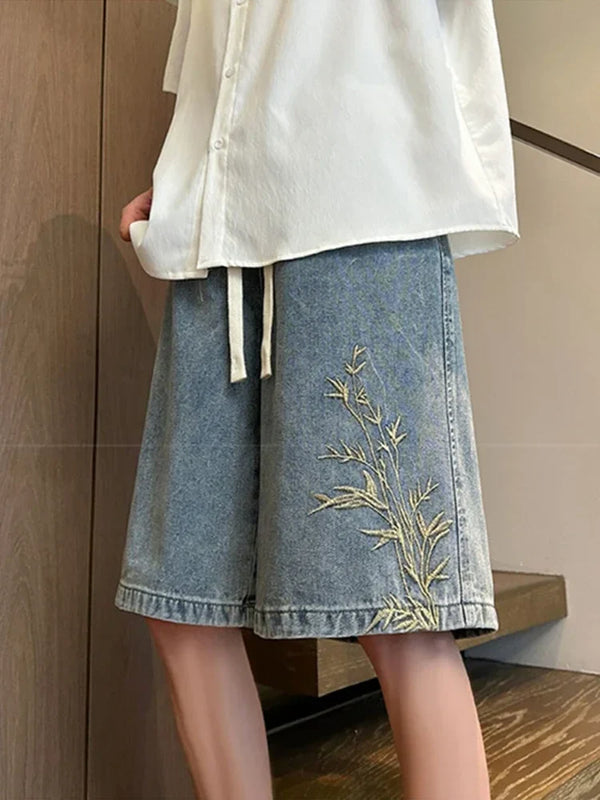 Relaxed Stitched Denim Shorts alternatif görünüm