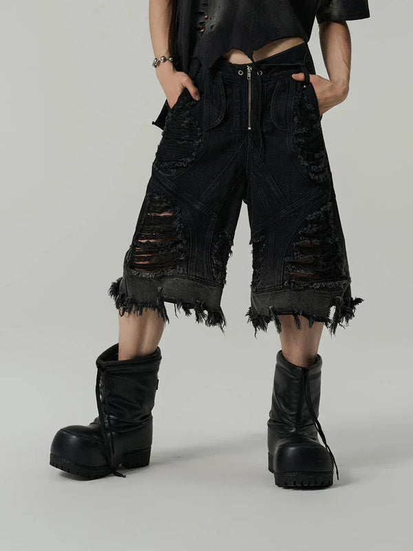 Heritage Mosaic Frayed Denim Shorts alternatif görünüm