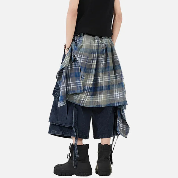 Customizable Checkered Hem Cropped Denim Shorts alternatif görünüm
