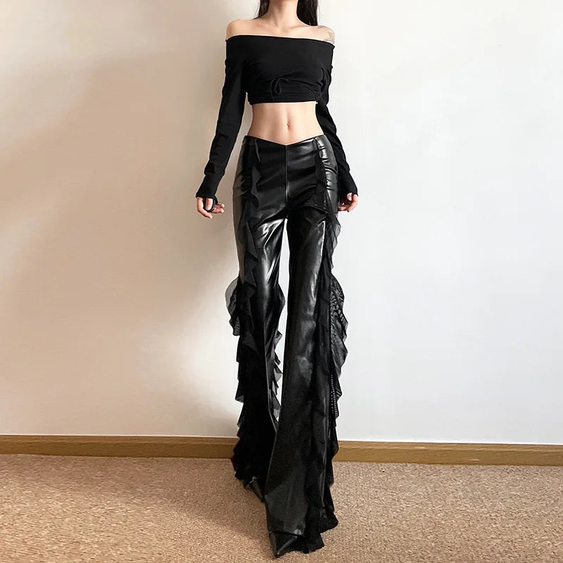 Mesh Splice High Leather Trousers