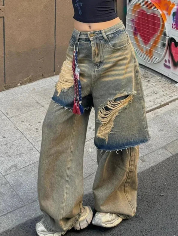 Modern Rebel Sexy Torn Fake Two Layers Denim
