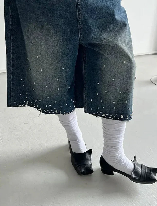 Women Fluffy Metro Calf Length Denim Shorts alternatif görünüm