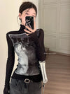 Washed-Out Mesh High Neck Long T-Shirt
