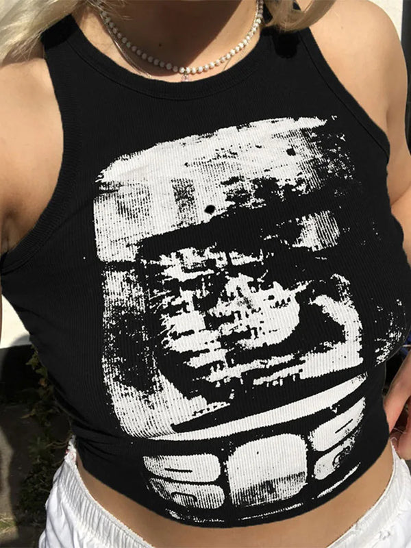 New-Millennium Print Print Sleeveless Crop Top alternatif görünüm