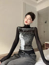 Washed-Out Mesh High Neck Long T-Shirt