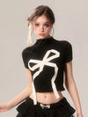Women Nostalgia Heritage Obsidian Bow Print Midriff T-Shirt