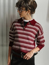 Block-Style Classic-Wash Horizontal-Lines Knitted Sport-Collar Collar T-Shirt