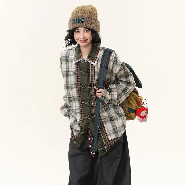 Mixed Check Panel Long Sleeve Shirt alternatif görünüm