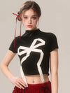 Women Nostalgia Heritage Obsidian Bow Print Midriff T-Shirt
