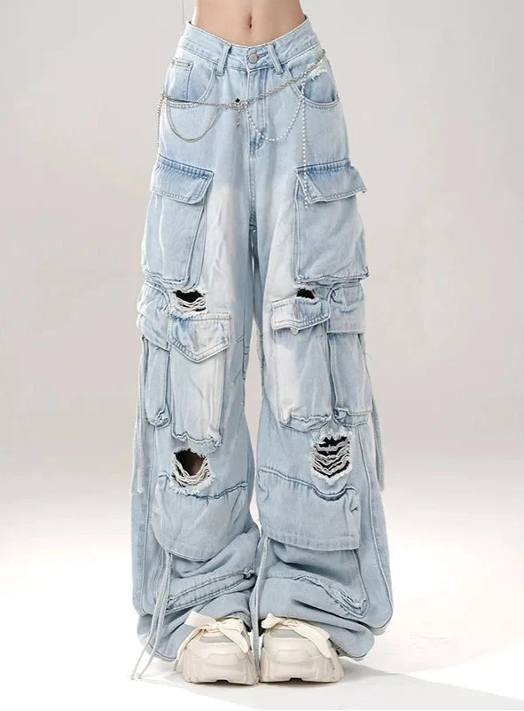 Breathable 2000s 90s Style Oversized Torn Utility Denim