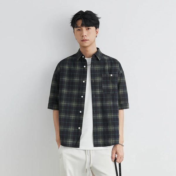 Mens Plaid Lapel Oversized Button Top alternatif görünüm