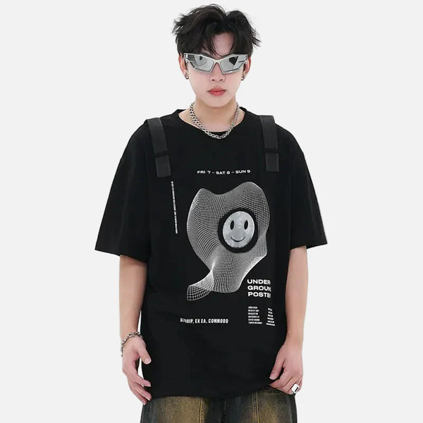 Digital-Age Oversized Print Patterned Ribbon T-Shirt