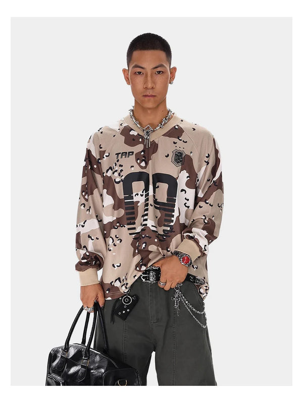 Terrain-Print Waffle Texture Long Sleeve T-Shirt