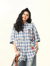Blue Plaid Toon Stitch Embroidered Top