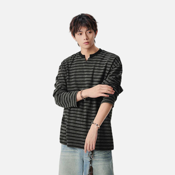 Bar-Print Notch Neck Laid-Back Long Sleeve T-Shirt alternatif görünüm
