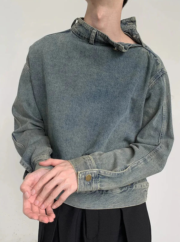 2000s Washed Buckle Collar Moto Denim Jacket