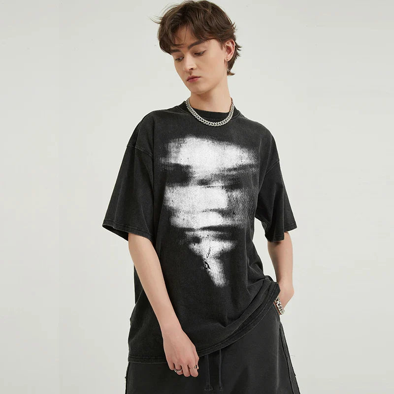 Old School Faded-Wash Black Blurry Faces T-Shirt