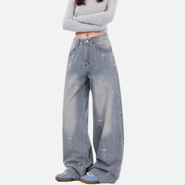 Stitched Bow Relaxed Bell Leg Denim alternatif görünüm