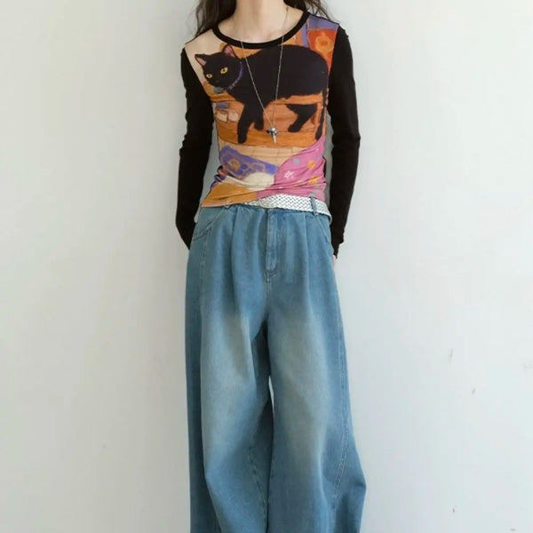 Washed-Out Dark-Craft Long Sleeve Cut-Short T-Shirt