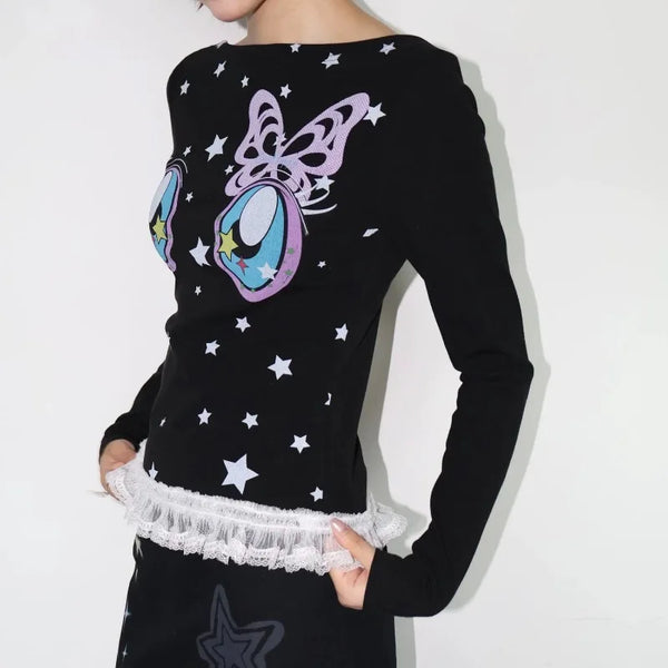 Sweet Cartoon Imprinted Slash Long Sleeve T-Shirt alternatif görünüm