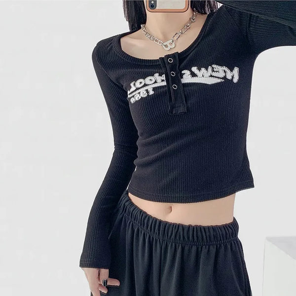 Time-Worn Letter Print Ribbed Midriff T-Shirt alternatif görünüm