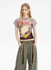Women Nostalgia Whisker Print Short Sleeve T-Shirt