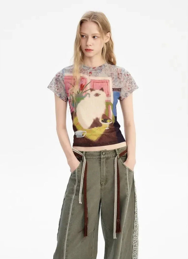 Women Nostalgia Whisker Print Short Sleeve T-Shirt