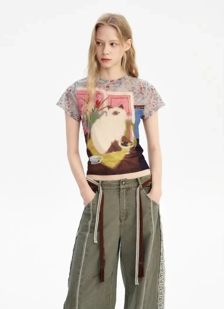 Women Nostalgia Whisker Print Short Sleeve T-Shirt