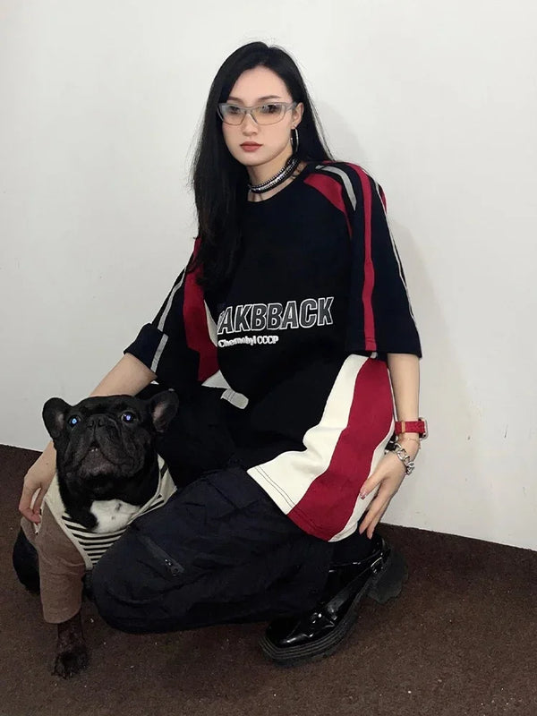 Time-Worn Big-Silhouette Print Spliced T-Shirt