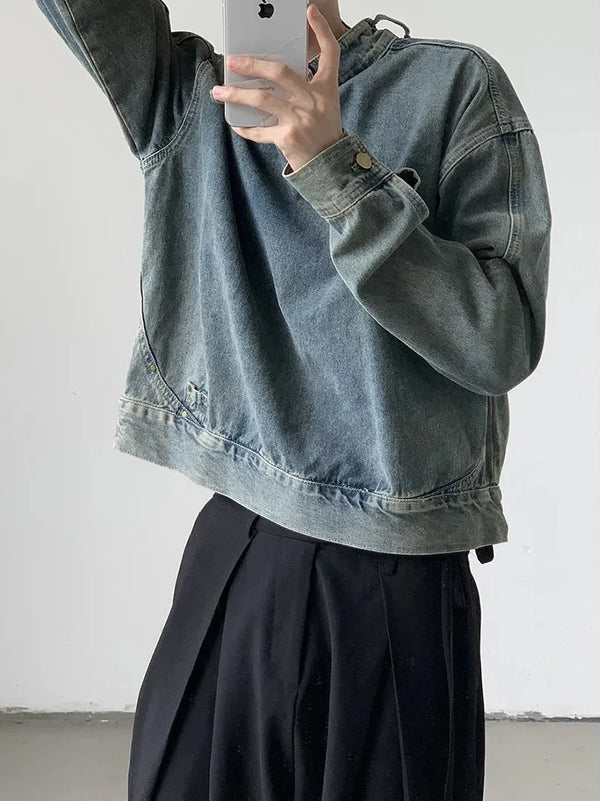 2000s Washed Buckle Collar Moto Denim Jacket alternatif görünüm