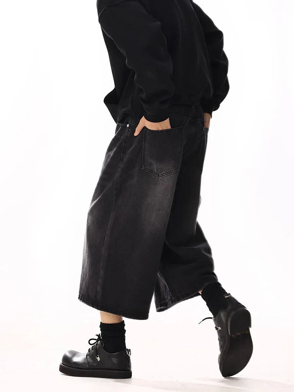 Men Black Wide Leg Cleanfit Denim Shorts alternatif görünüm