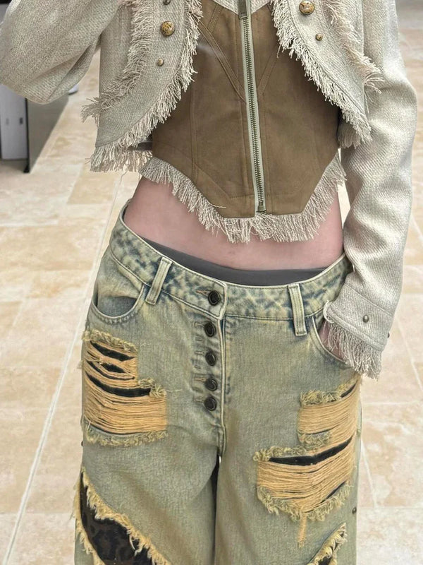 Metro distressed high waist leopard Denim alternatif görünüm