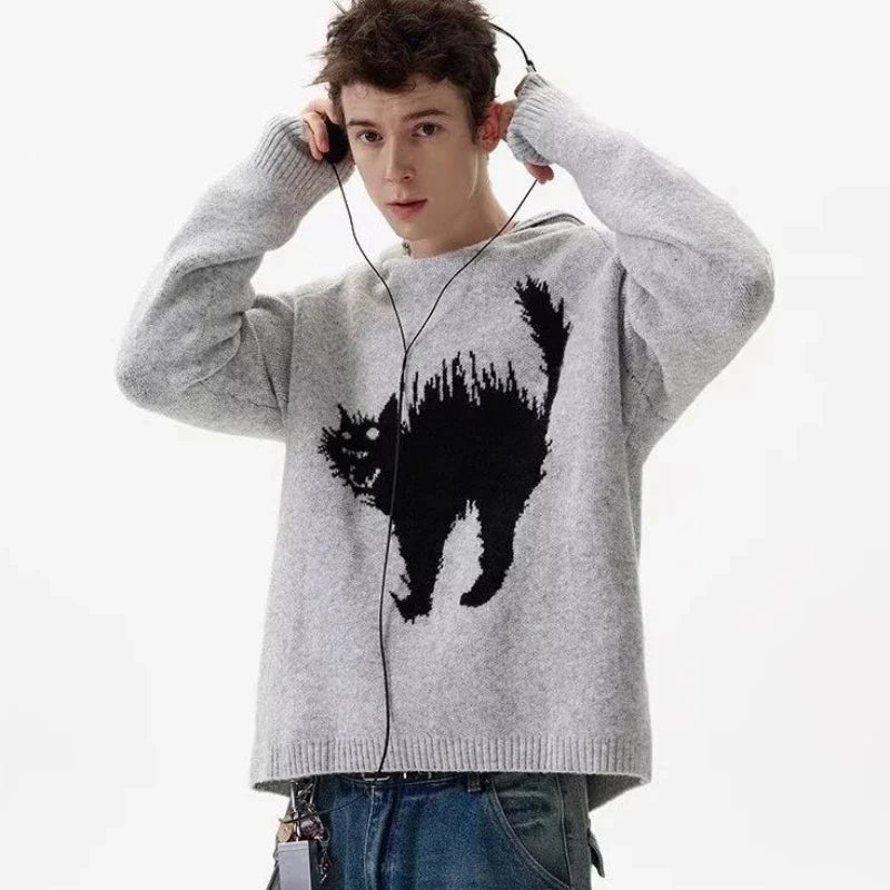 Vibrant Tokyo Cat Print Knit Sweatshirt