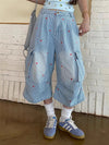 Sleek Striped Heart Stitchwork Utility Denim Shorts