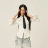 White Tie-Neck Slim Trendy Womens Top