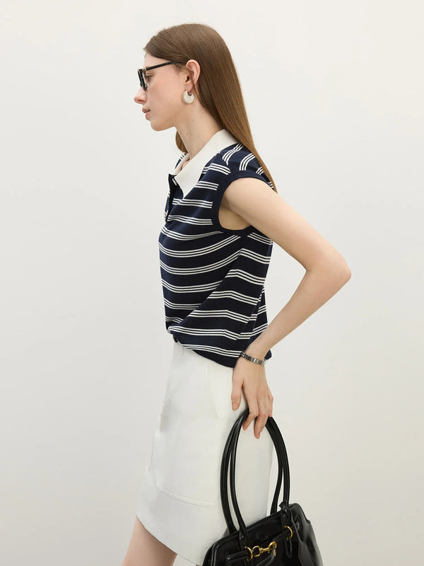 Women Everyday Line-Pattern Knit Sleeveless Button Collar T-Shirt alternatif görünüm