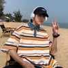 Nihon-Style Style Color Blocked Multi-Stripe Lapel T-Shirt