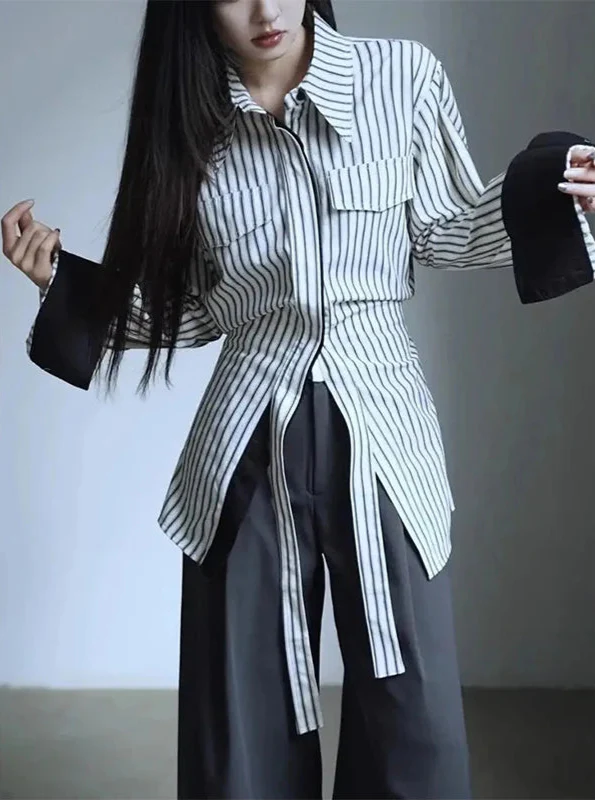 Stripe Panel Vintage Elegant Blouse alternatif görünüm