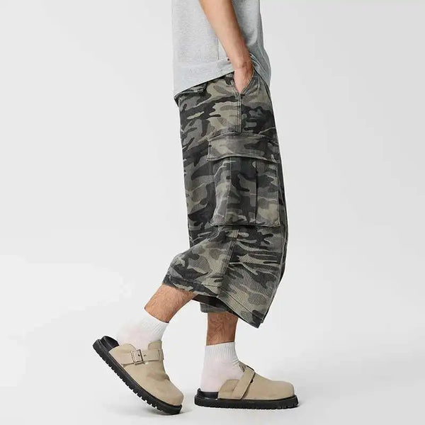 Heavy-Duty Woodland Field Relaxed Wide Leg Denim Shorts alternatif görünüm
