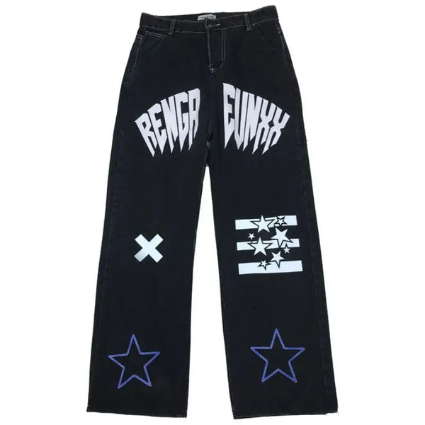 Streertwear Black Stellar Print High Denim